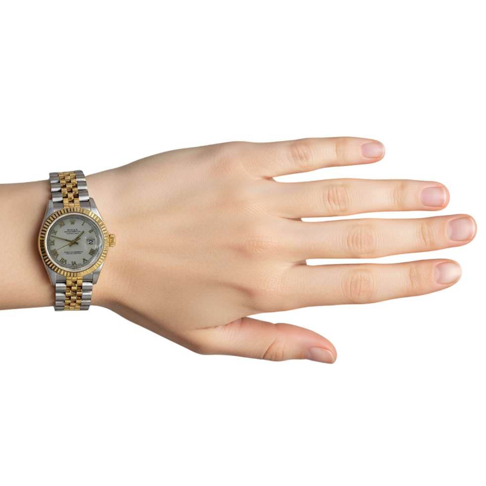 Mittelgroße Datejust-Uhr, weißes römisches Zifferblatt, Rolex-Uhr aus Stahl und Gold P6