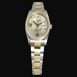 Mittelgroße Rolex-Uhr mit Diamantlünette, Damenuhr mit Fabriklünette und Blumenzifferblatt