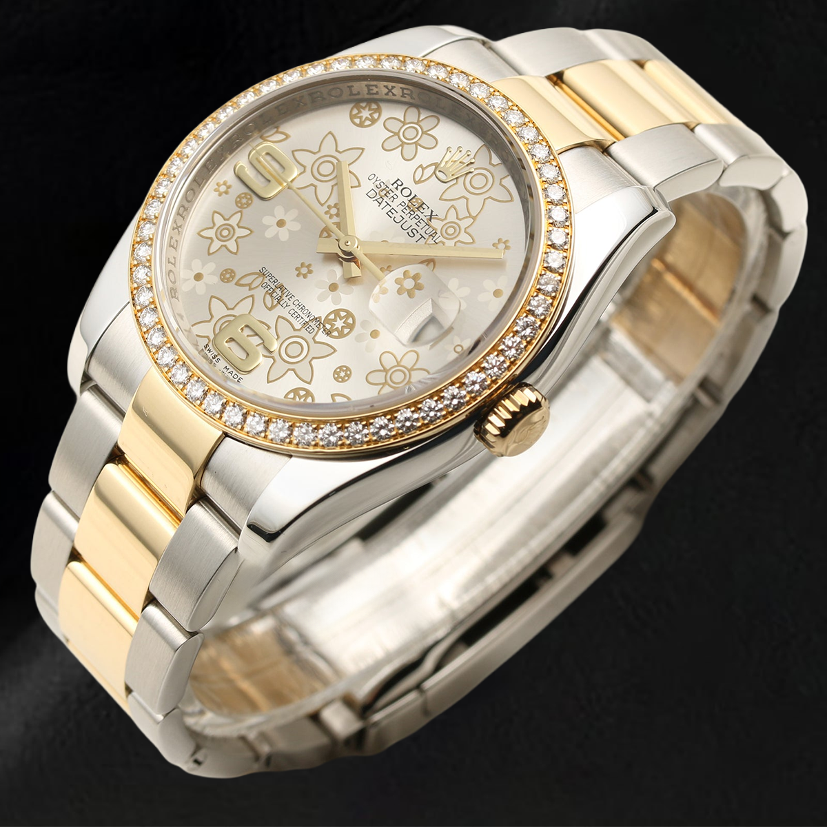 Mittelgroße Rolex-Uhr mit Diamantlünette, Damenuhr mit Fabriklünette und Blumenzifferblatt