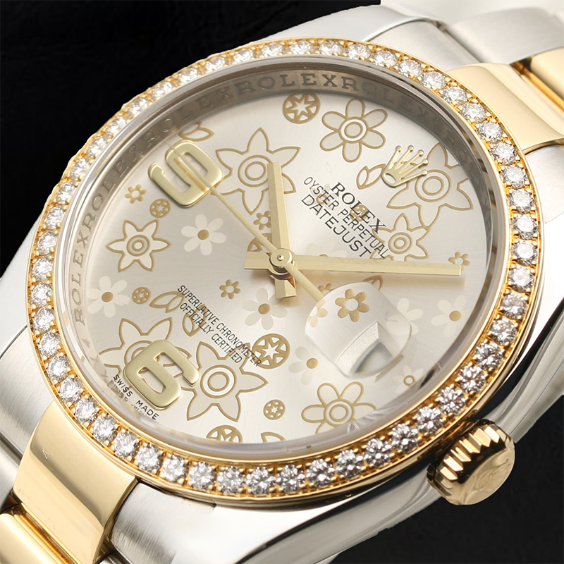 Mittelgroße Rolex-Uhr mit Diamantlünette, Damenuhr mit Fabriklünette und Blumenzifferblatt