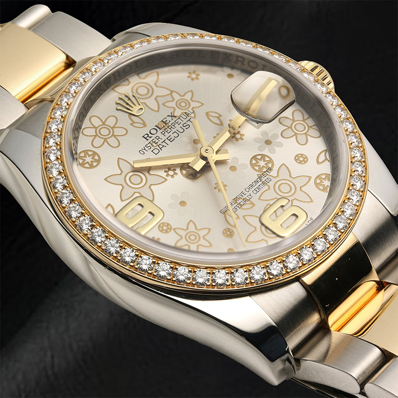 Mittelgroße Rolex-Uhr mit Diamantlünette, Damenuhr mit Fabriklünette und Blumenzifferblatt