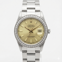 Mittelgroße Rolex-Uhr mit Stick-Zifferblatt, Edelstahl-Oyster-Armband und Diamant-Lünette