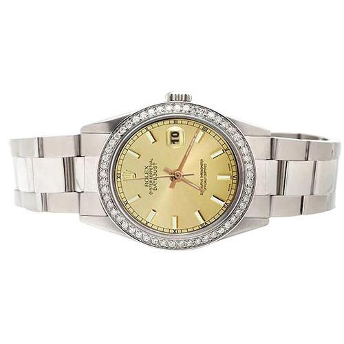 Mittelgroße Rolex-Uhr mit Stick-Zifferblatt, Edelstahl-Oyster-Armband und Diamant-Lünette
