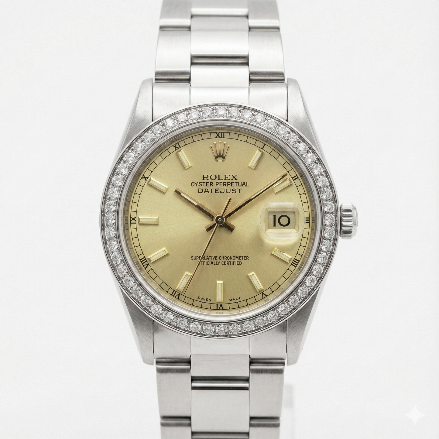 Mittelgroße Rolex-Uhr mit Stick-Zifferblatt, Edelstahl-Oyster-Armband und Diamant-Lünette
