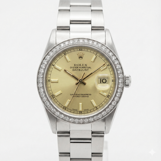 Mittelgroße Rolex-Uhr mit Stick-Zifferblatt, Edelstahl-Oyster-Armband und Diamant-Lünette