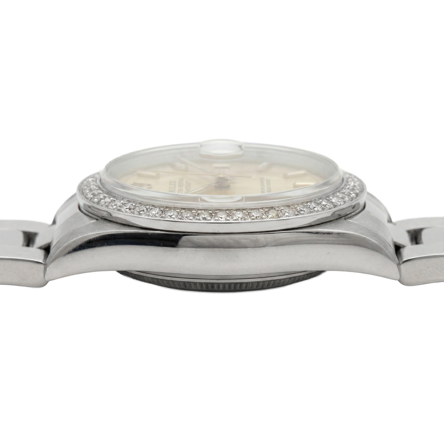 Mittelgroße Rolex-Uhr mit Stick-Zifferblatt, Edelstahl-Oyster-Armband und Diamant-Lünette