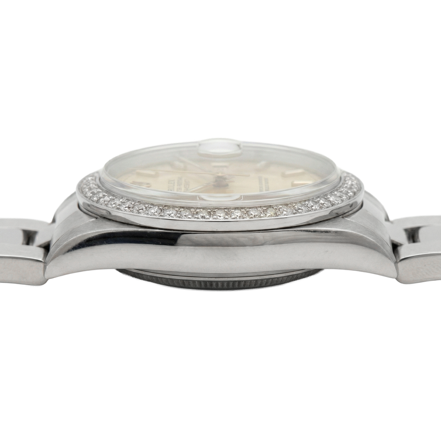 Mittelgroße Rolex-Uhr mit Stick-Zifferblatt, Edelstahl-Oyster-Armband und Diamant-Lünette