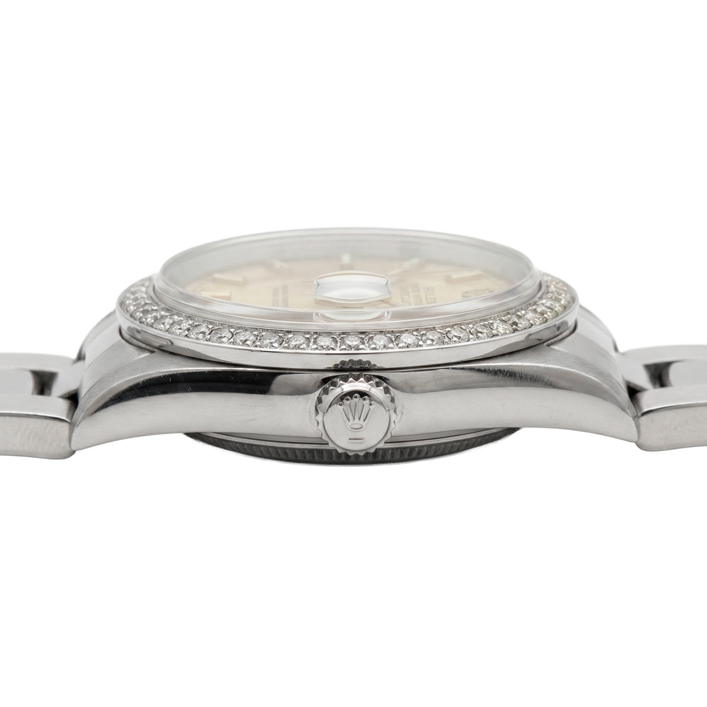 Mittelgroße Rolex-Uhr mit Stick-Zifferblatt, Edelstahl-Oyster-Armband und Diamant-Lünette