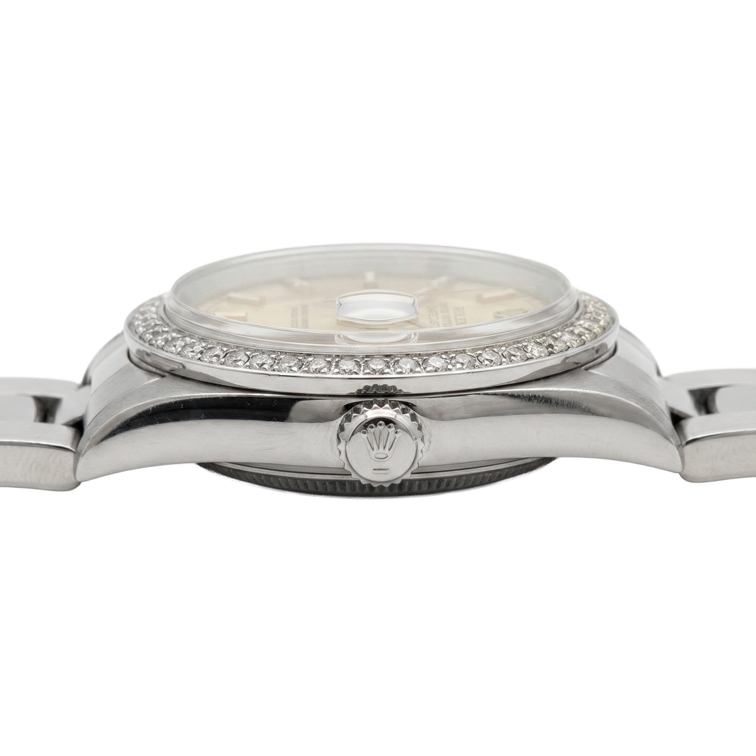 Mittelgroße Rolex-Uhr mit Stick-Zifferblatt, Edelstahl-Oyster-Armband und Diamant-Lünette