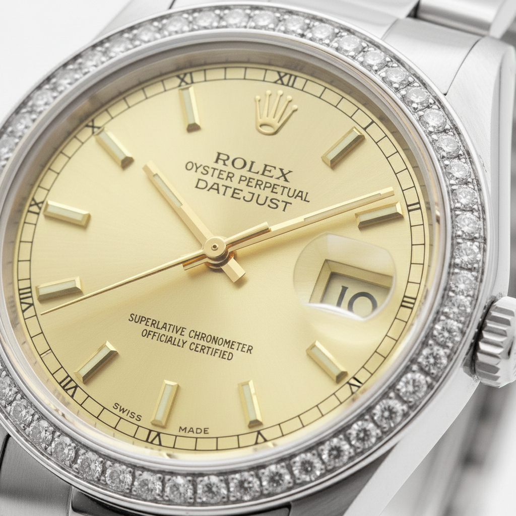 Mittelgroße Rolex-Uhr mit Stick-Zifferblatt, Edelstahl-Oyster-Armband und Diamant-Lünette