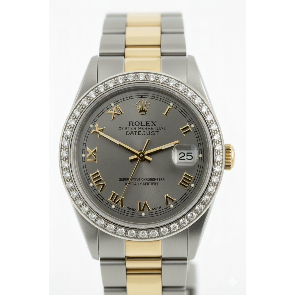 Mittelgroße Rolex-Uhr mit braunem Oyster-Armband und goldgrauem römischem Zifferblatt