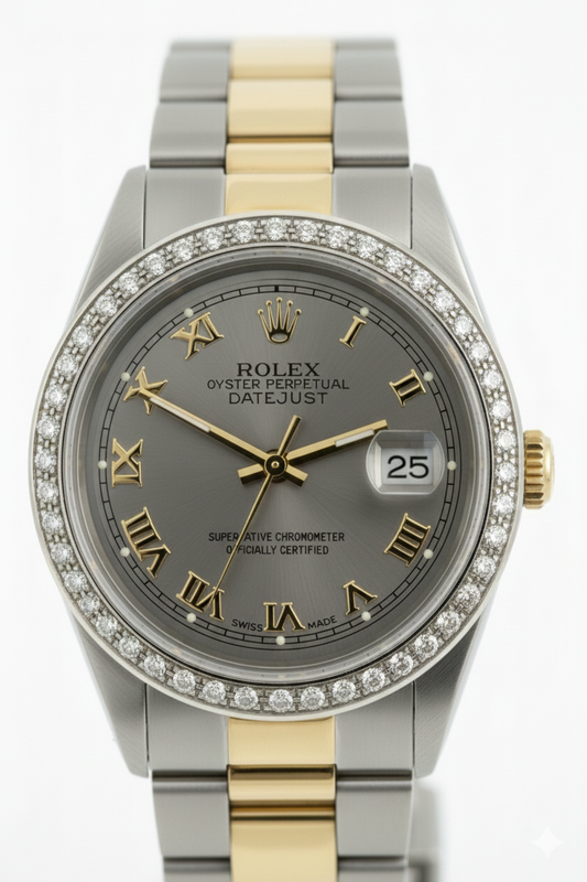 Mittelgroße Rolex-Uhr mit braunem Oyster-Armband und goldgrauem römischem Zifferblatt
