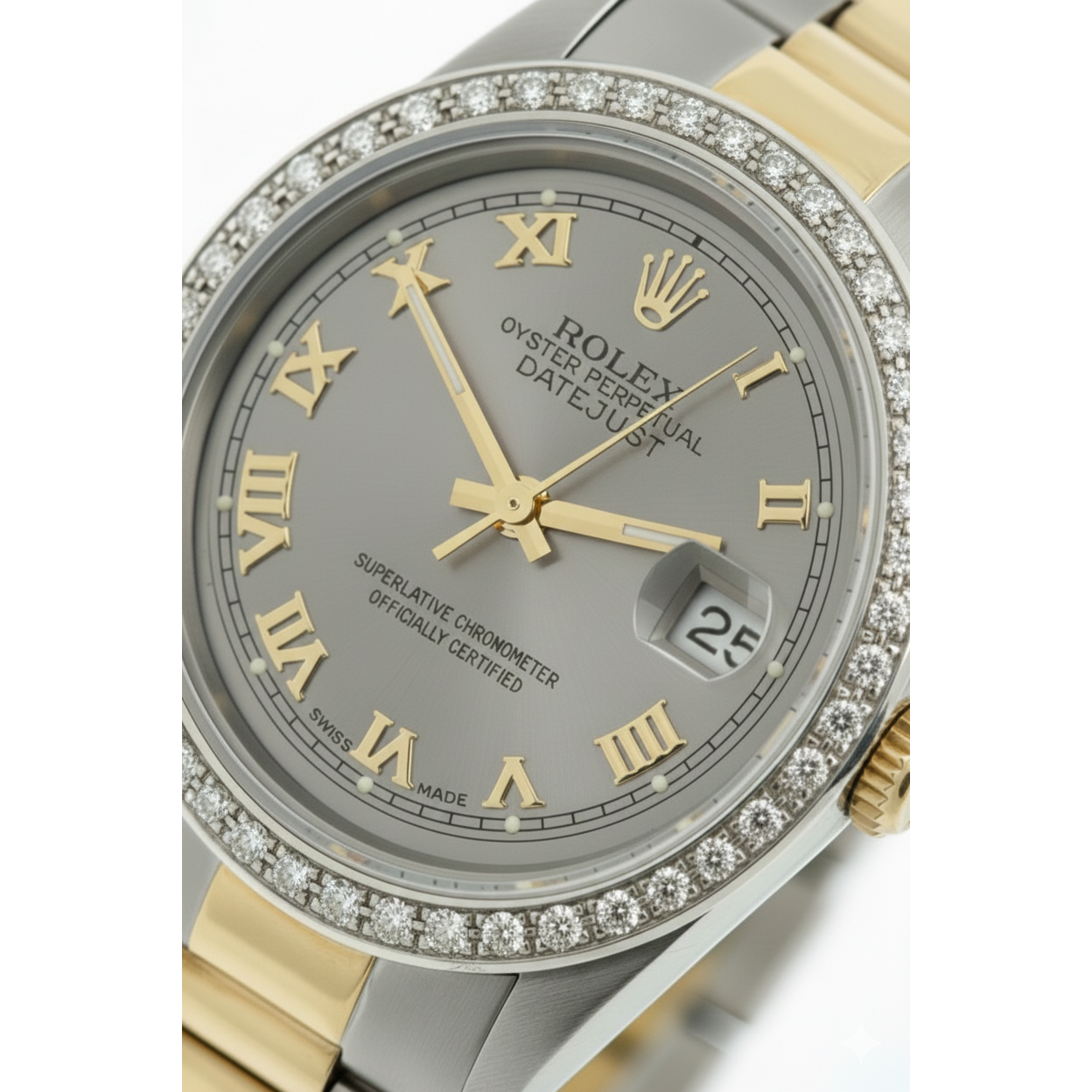 Mittelgroße Rolex-Uhr mit braunem Oyster-Armband und goldgrauem römischem Zifferblatt