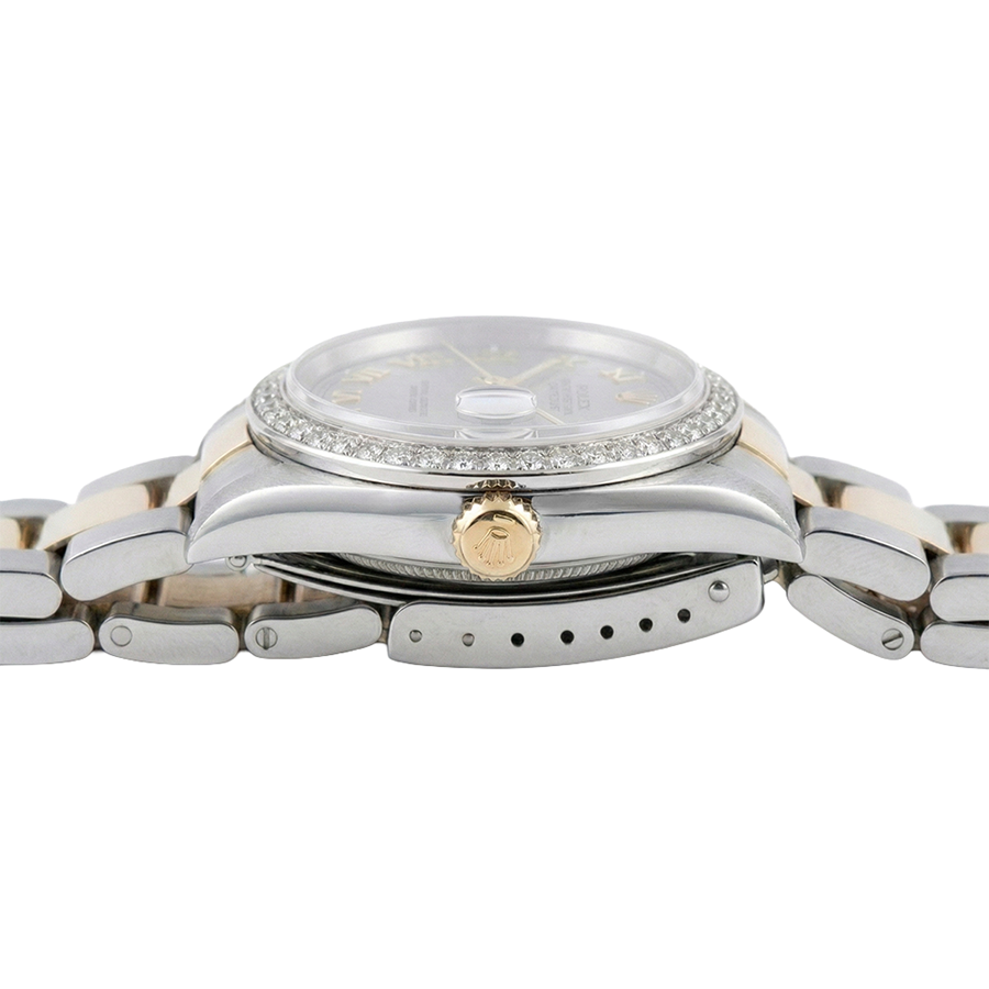 Mittelgroße Rolex-Uhr mit braunem Oyster-Armband und goldgrauem römischem Zifferblatt