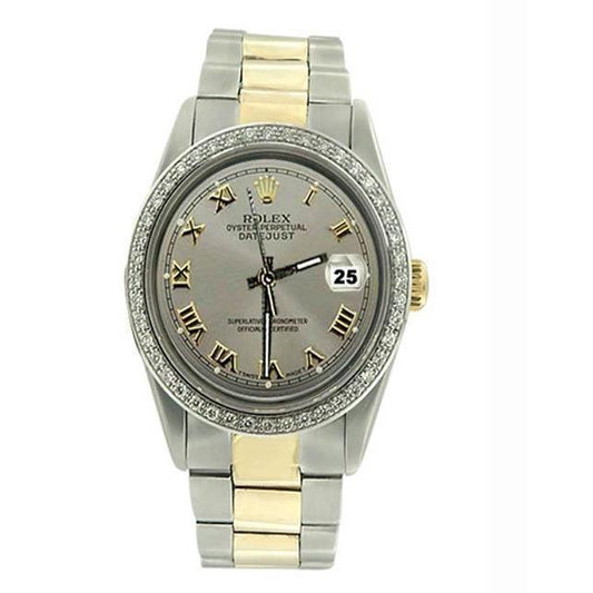 Mittelgroße Rolex-Uhr mit braunem Oyster-Armband und goldgrauem römischem Zifferblatt
