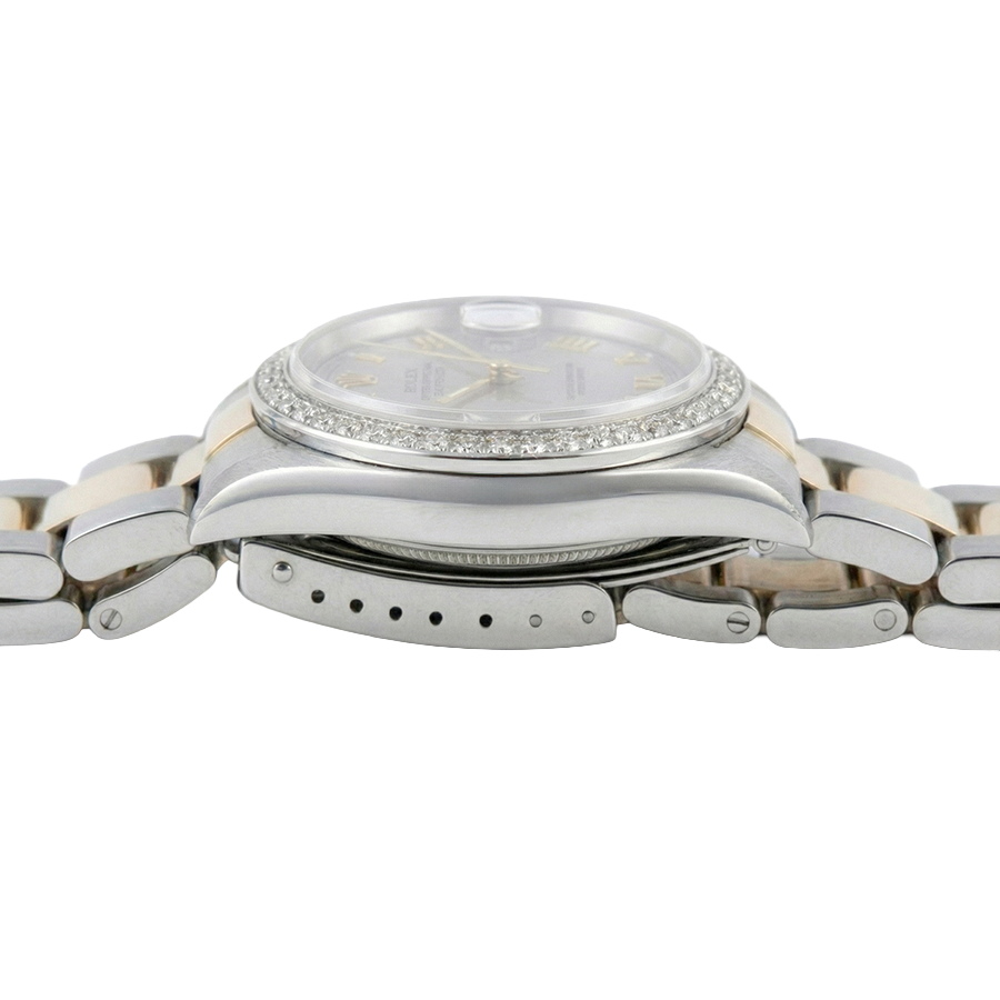 Mittelgroße Rolex-Uhr mit braunem Oyster-Armband und goldgrauem römischem Zifferblatt