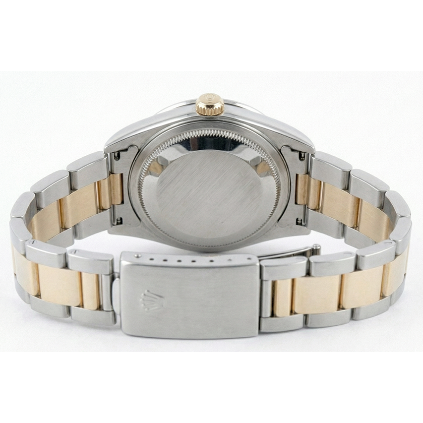 Mittelgroße Rolex-Uhr mit braunem Oyster-Armband und goldgrauem römischem Zifferblatt