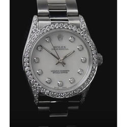Mittelgroße Rolex-Uhr, individuelles Oyster-Armband mit Diamantlünette, Edelstahl