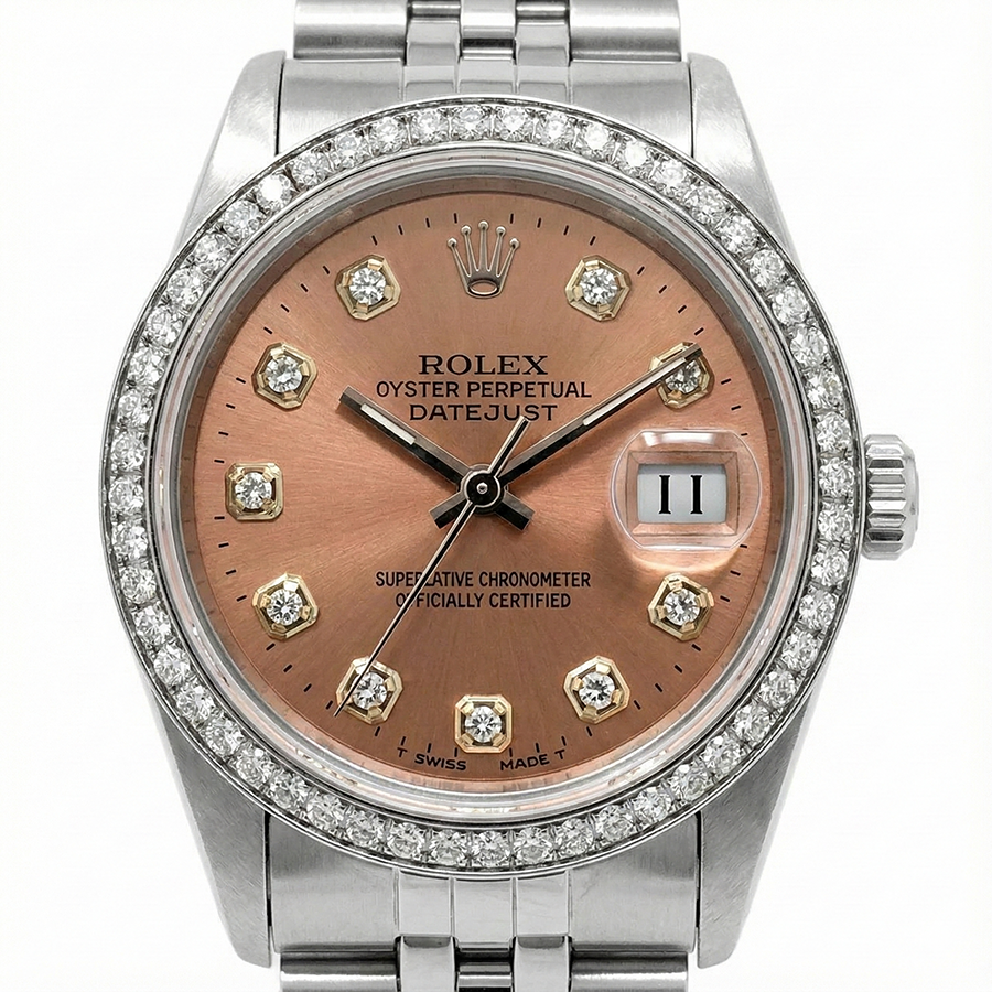 Mittelgroße Rolex Datejust Edelstahluhr mit lachsfarbenem Diamant-Zifferblatt