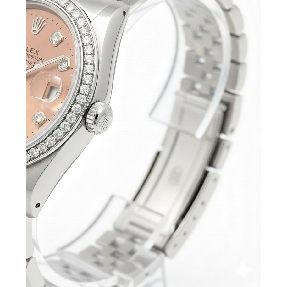 Mittelgroße Rolex Datejust Edelstahluhr mit lachsfarbenem Diamant-Zifferblatt