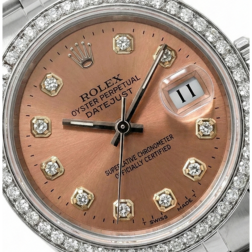 Mittelgroße Rolex Datejust Edelstahluhr mit lachsfarbenem Diamant-Zifferblatt