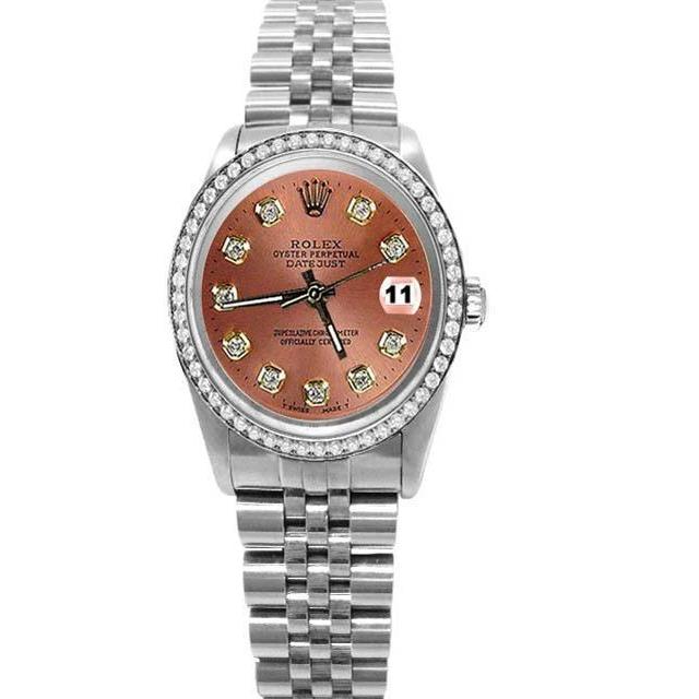 Mittelgroße Rolex Datejust Edelstahluhr mit lachsfarbenem Diamant-Zifferblatt