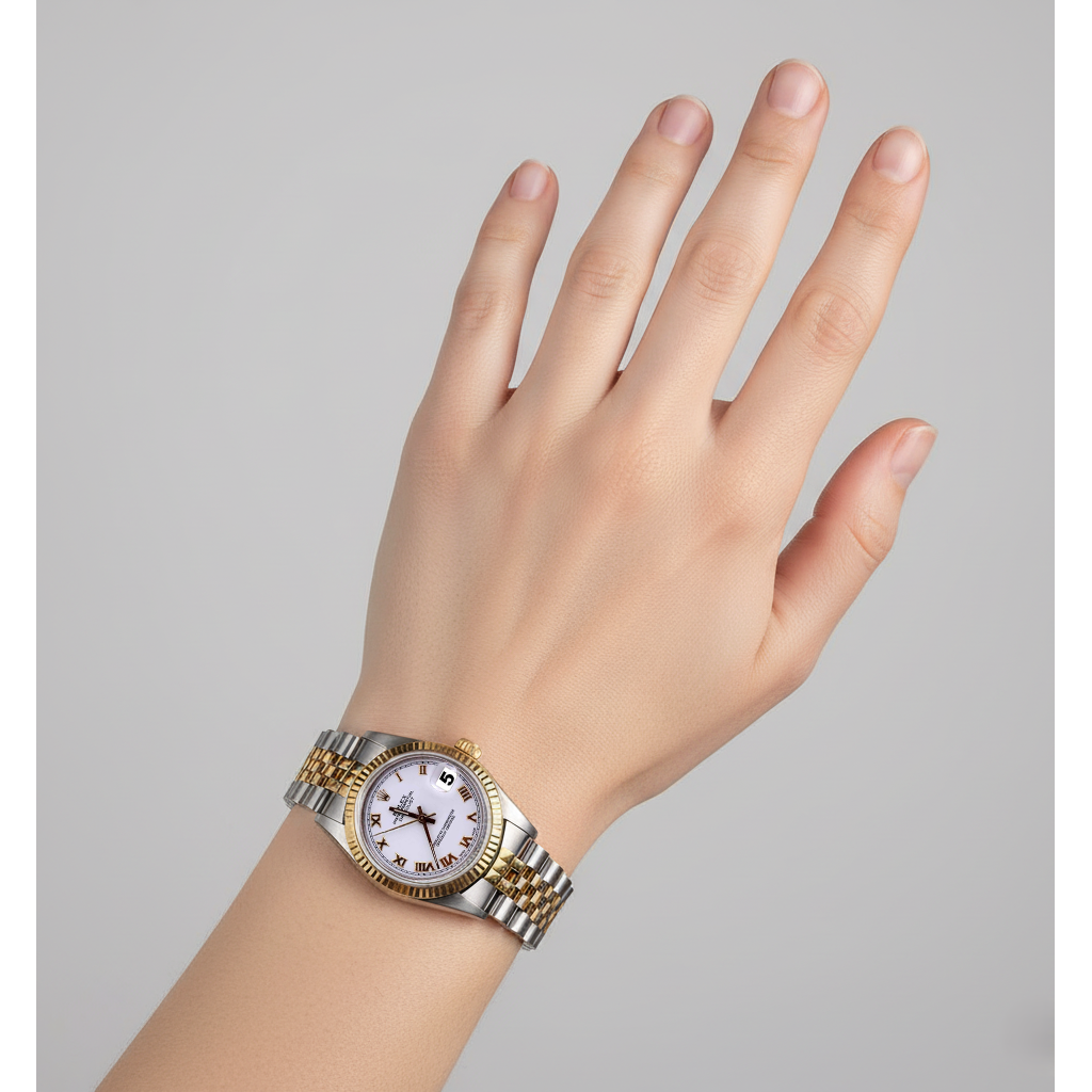 Mittelgroße Rolex Datejust weiße Jubilee-Uhr mit römischem Zifferblatt und zweifarbigem Zifferblatt P5