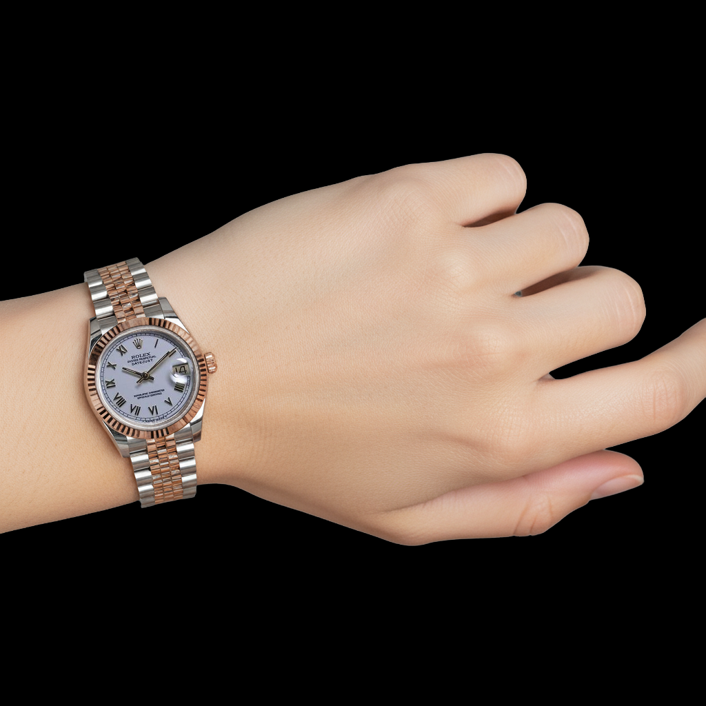 Mittelgroße Rolex Edelstahl 31 mm zweifarbige Armbanduhr mit weißem römischem Zifferblatt P2