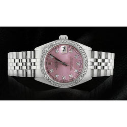 Mittelgroße Rolex Edelstahl Jubilee Armband Date Just-Uhr mit rosafarbenem Diamant-Zifferblatt und Lünette