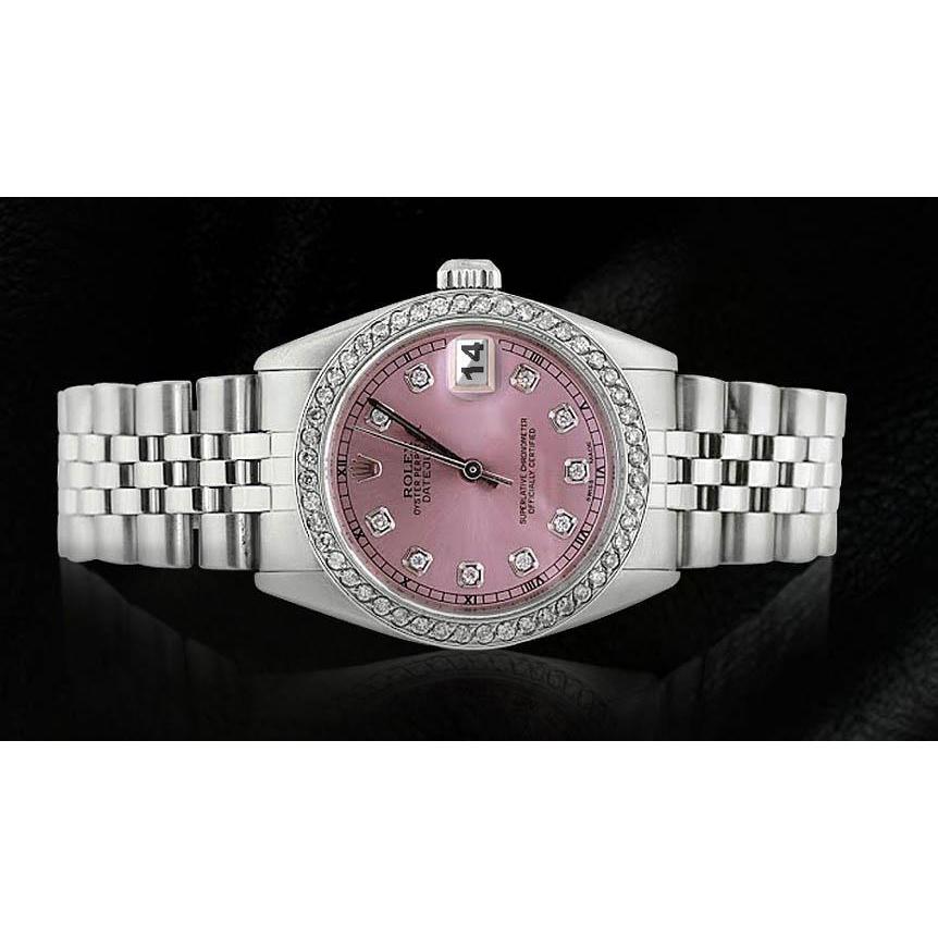 Mittelgroße Rolex Edelstahl Jubilee Armband Date Just-Uhr mit rosafarbenem Diamant-Zifferblatt und Lünette

