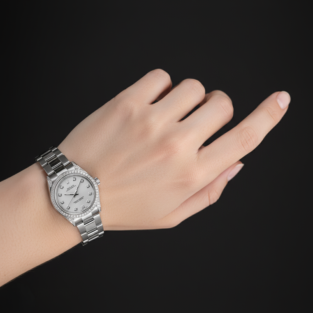 Mittelgroße Rolexdatejust-Uhr, individuelles Oyster-Armband mit Diamantlünette, Edelstahl P5