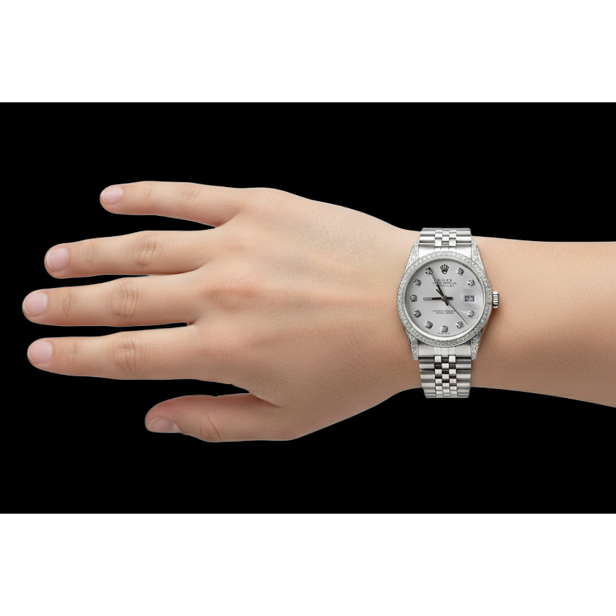 Mittelgroße Rolex-Uhr Datejust mit individueller Diamantlünette und Zifferblatt aus Edelstahl