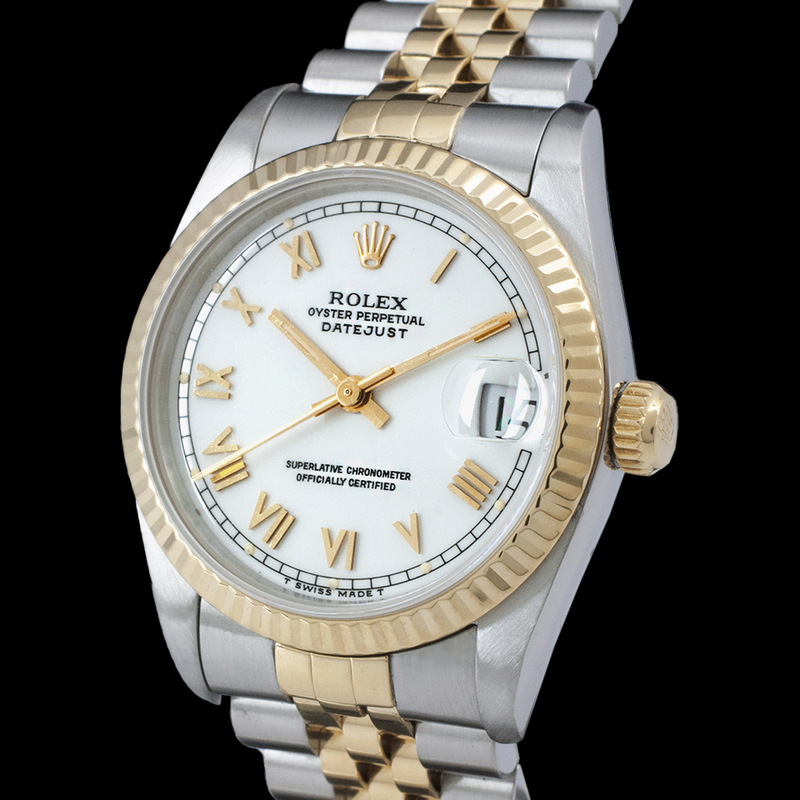 Mittelgroße Rolex Edelstahl 31 mm zweifarbige Armbanduhr mit weißem römischem Zifferblatt
