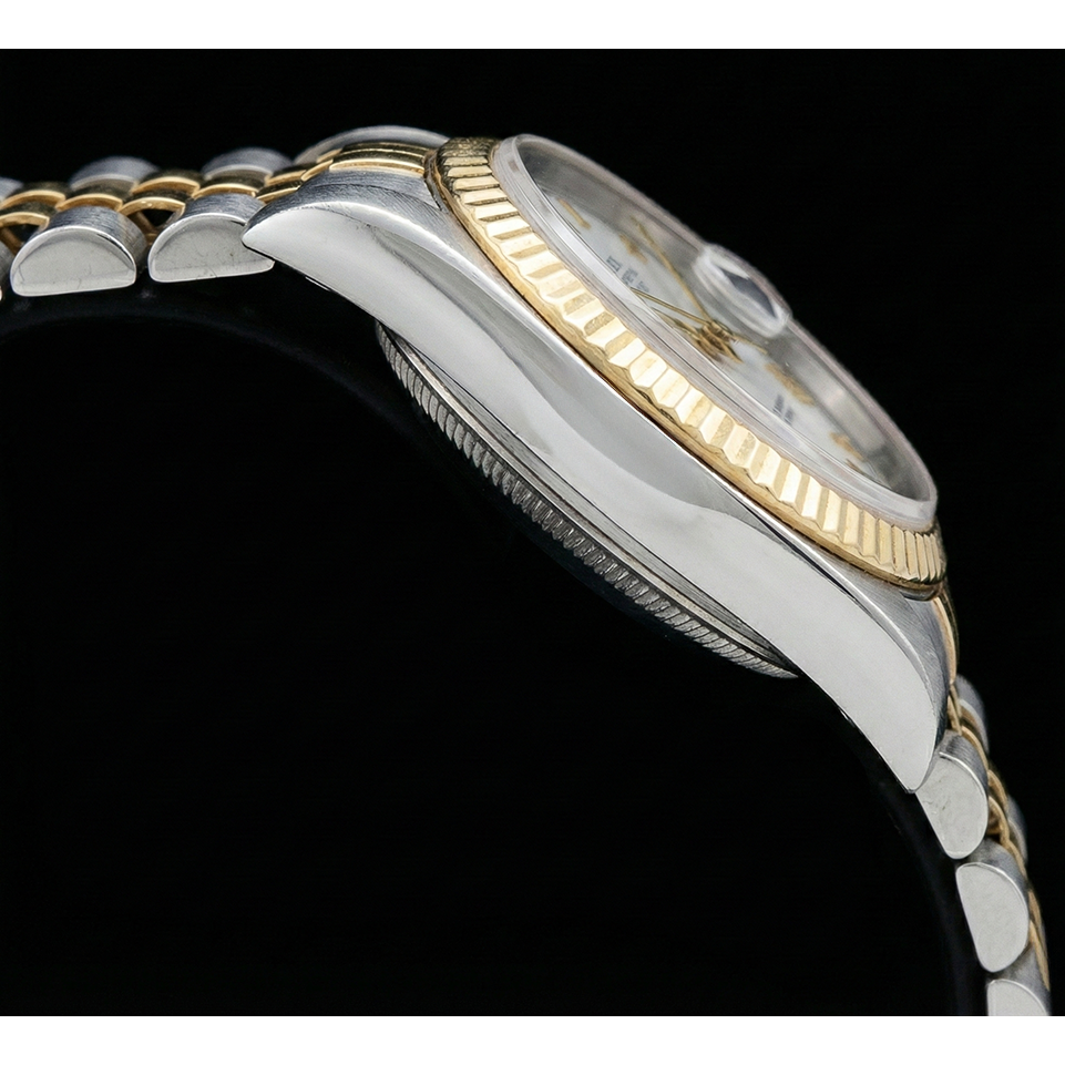 Mittelgroße Rolex Edelstahl 31 mm zweifarbige Armbanduhr mit weißem römischem Zifferblatt