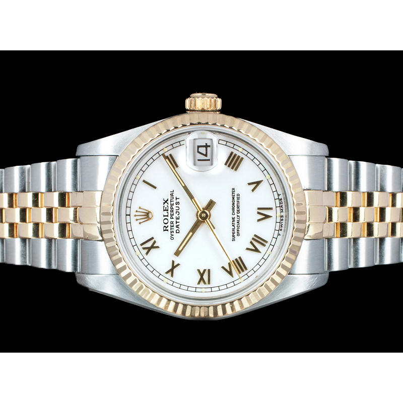 Mittelgroße Rolex Edelstahl 31 mm zweifarbige Armbanduhr mit weißem römischem Zifferblatt