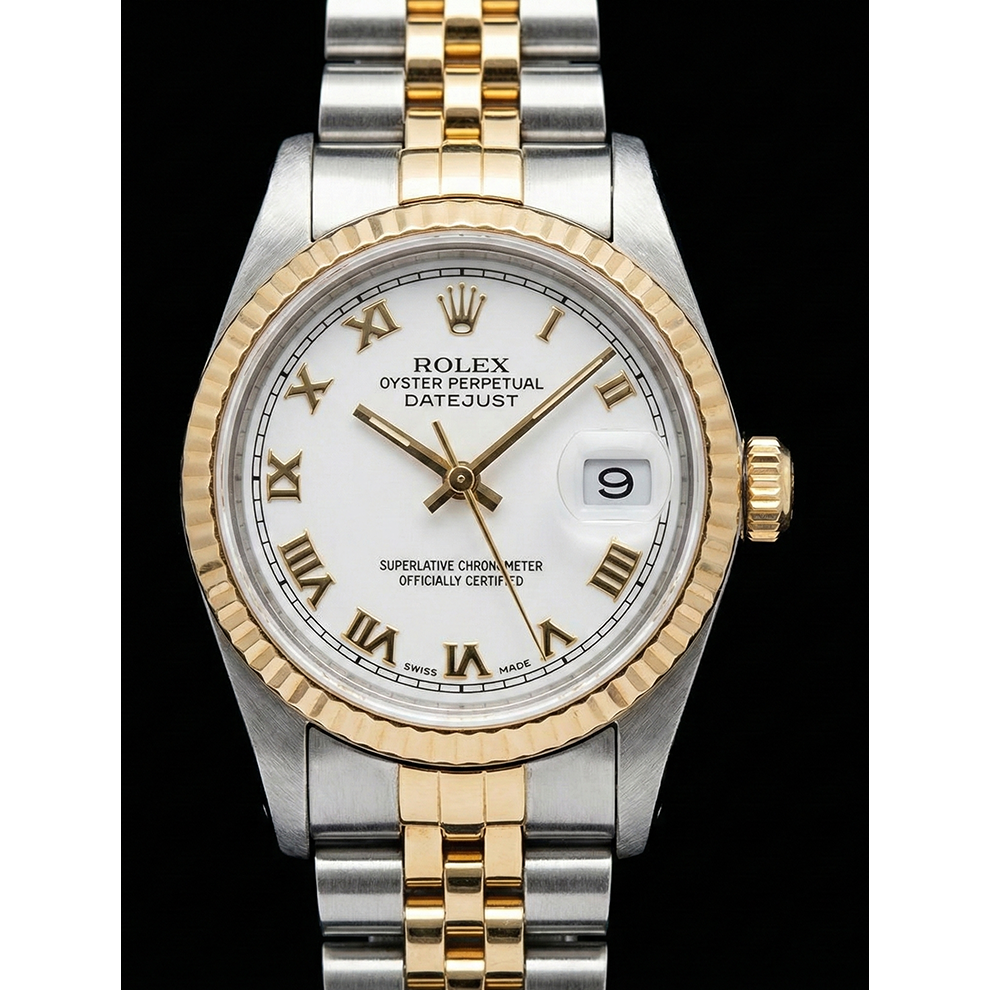 Mittelgroße Rolex Edelstahl 31 mm zweifarbige Armbanduhr mit weißem römischem Zifferblatt