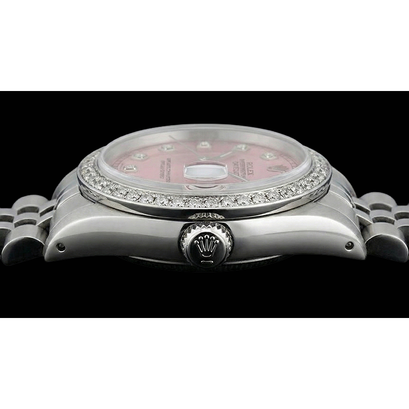 Mittelgroße Rolex Edelstahl Jubilee Armband Date Just-Uhr mit rosafarbenem Diamant-Zifferblatt und Lünette