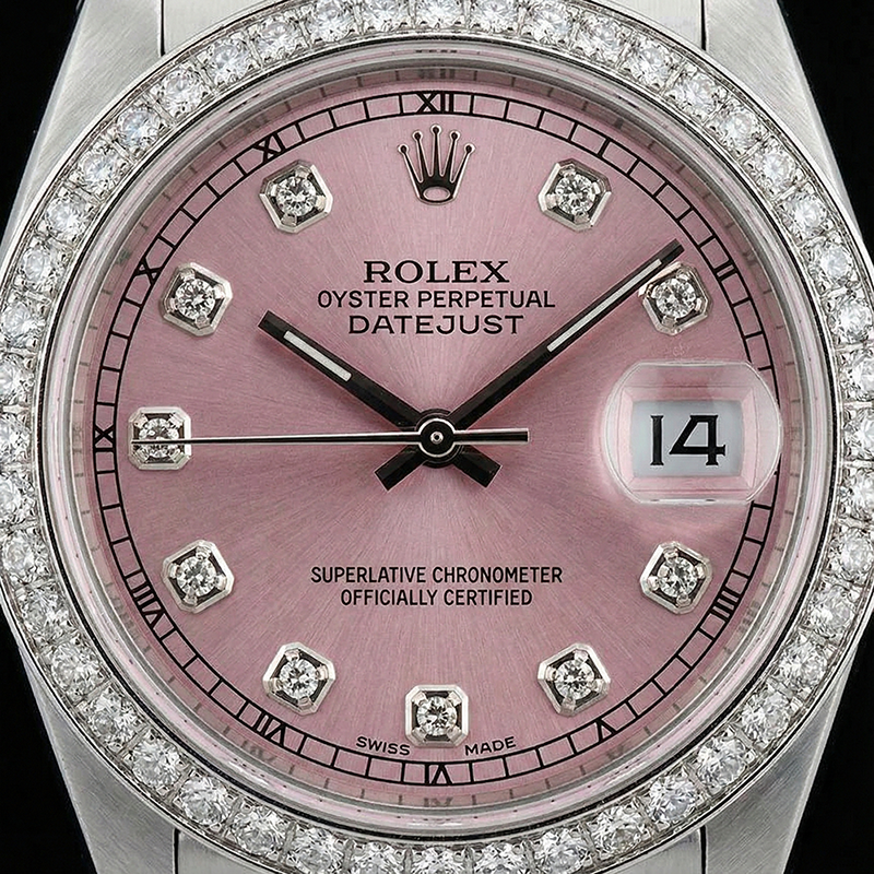 Mittelgroße Rolex Edelstahl Jubilee Armband Date Just-Uhr mit rosafarbenem Diamant-Zifferblatt und Lünette