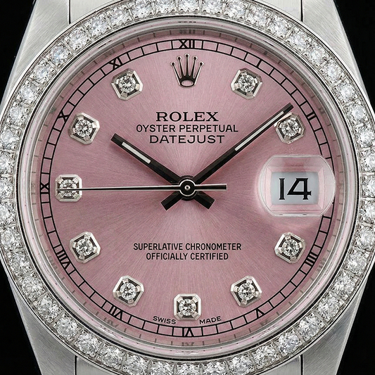 Mittelgroße Rolex Edelstahl Jubilee Armband Date Just-Uhr mit rosafarbenem Diamant-Zifferblatt und Lünette