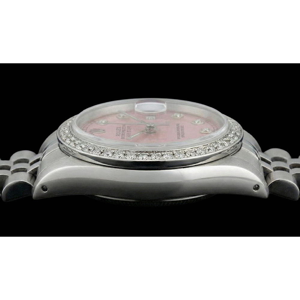 Mittelgroße Rolex Edelstahl Jubilee Armband Date Just-Uhr mit rosafarbenem Diamant-Zifferblatt und Lünette