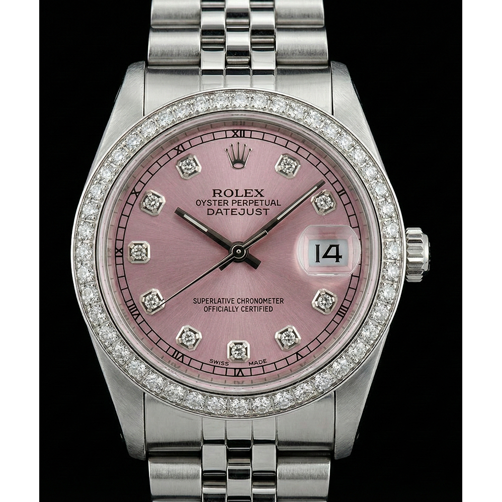 Mittelgroße Rolex Edelstahl Jubilee Armband Date Just-Uhr mit rosafarbenem Diamant-Zifferblatt und Lünette