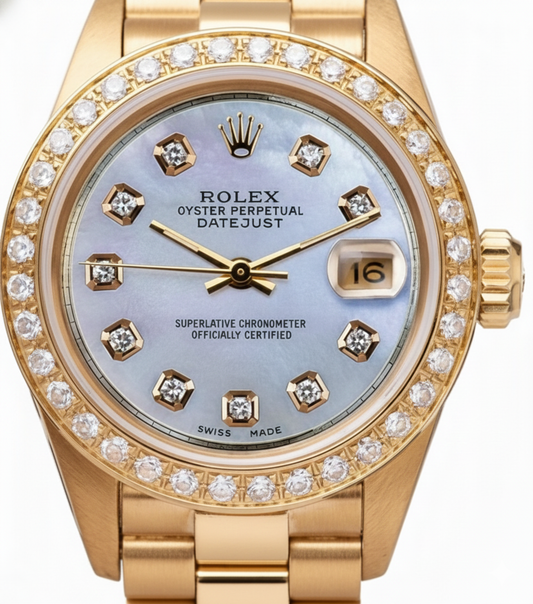 Mop Diamant Zifferblatt Rolex Präsidentenstil Lünette Uhr Gelbgold Frau