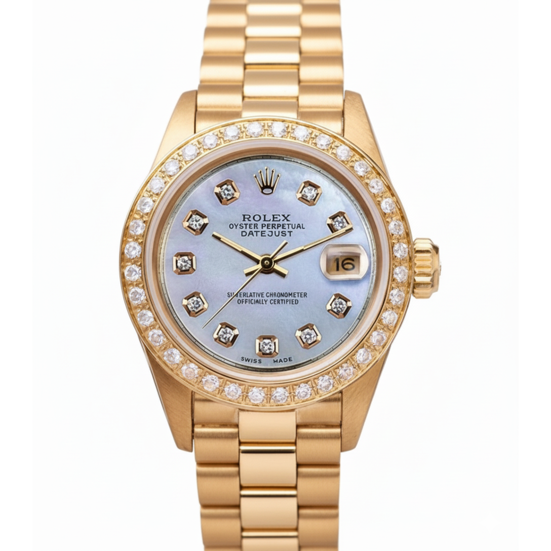 Mop Diamant Zifferblatt Rolex Präsidentenstil Lünette Uhr Gelbgold Frau