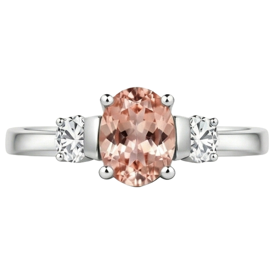 Morganit und Aus der Erde Abgebauter Natürlicher Diamanten 9 Karat 3 Steine Ehering Weißgold 14K
