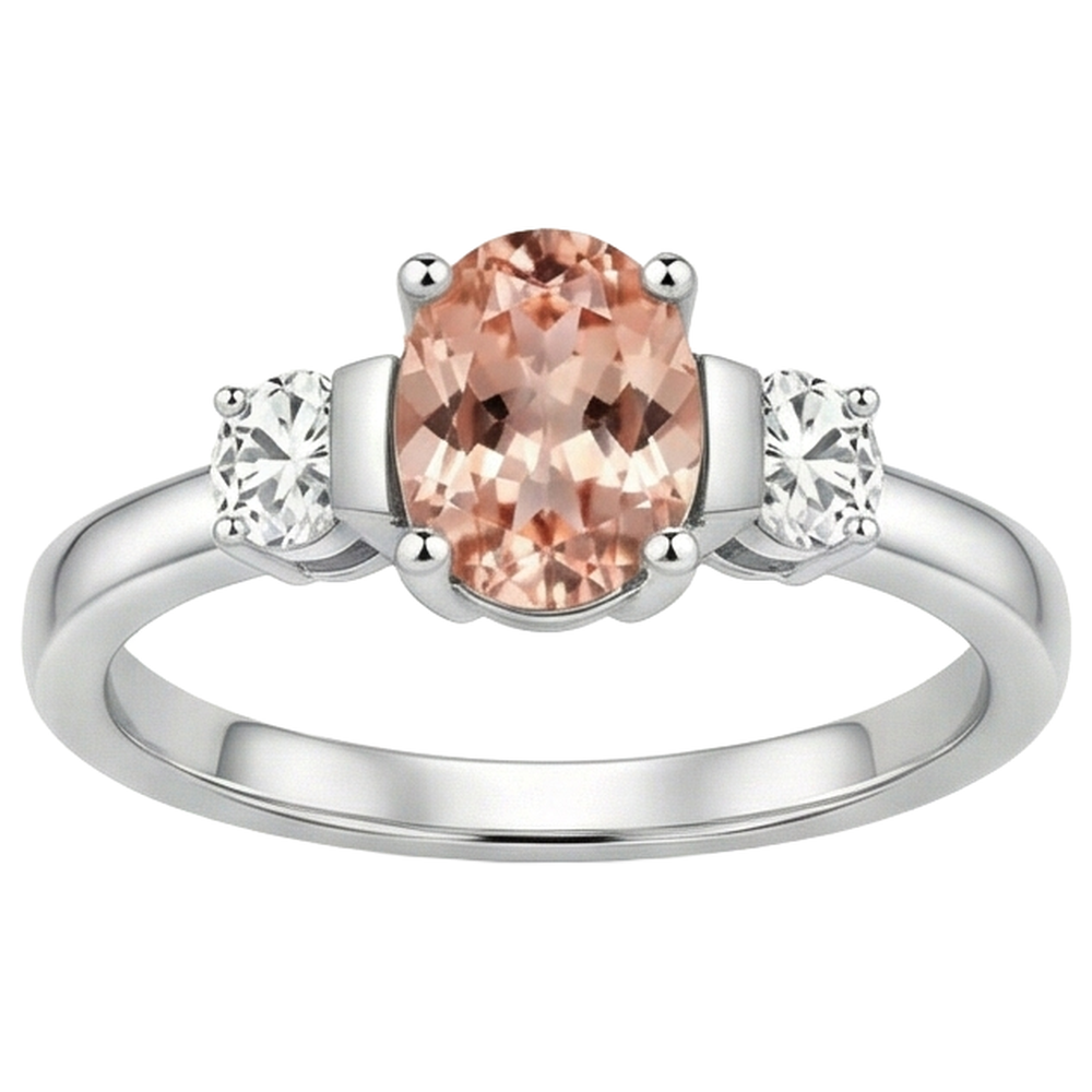 Morganit und Aus der Erde Abgebauter Natürlicher Diamanten 9 Karat 3 Steine Ehering Weißgold 14K