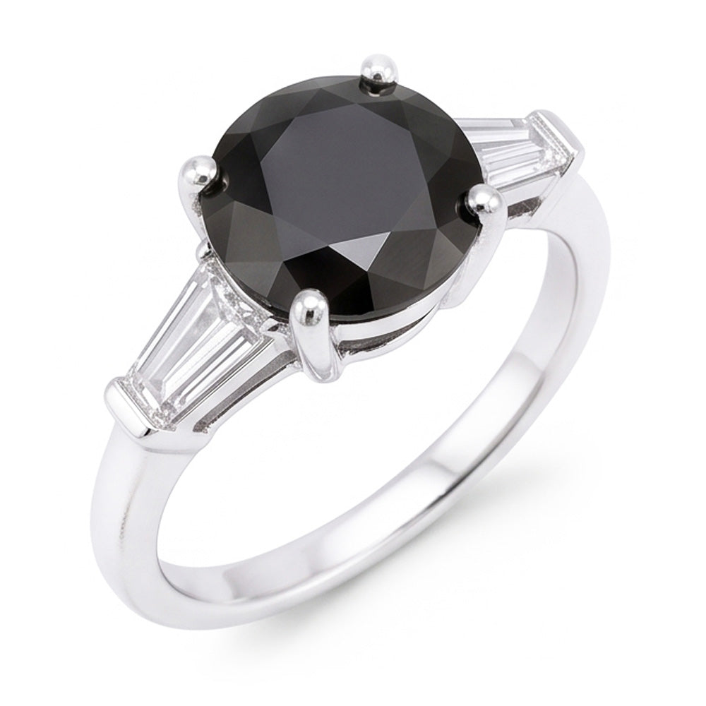 Dreistein-Ring mit natürlichem schwarzem Diamanten, 3,6 Karat, echter Rund- und Baguetteschliff, 14 Karat Weißgold