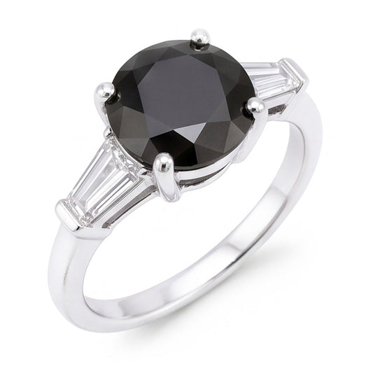 Dreistein-Ring mit natürlichem schwarzem Diamanten, 3,6 Karat, echter Rund- und Baguetteschliff, 14 Karat Weißgold