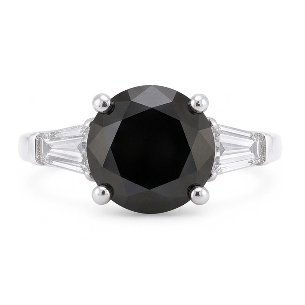 Dreistein-Ring mit natürlichem schwarzem Diamanten, 3,6 Karat, echter Rund- und Baguetteschliff, 14 Karat Weißgold