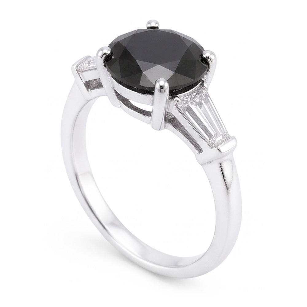 Dreistein-Ring mit natürlichem schwarzem Diamanten, 3,6 Karat, echter Rund- und Baguetteschliff, 14 Karat Weißgold