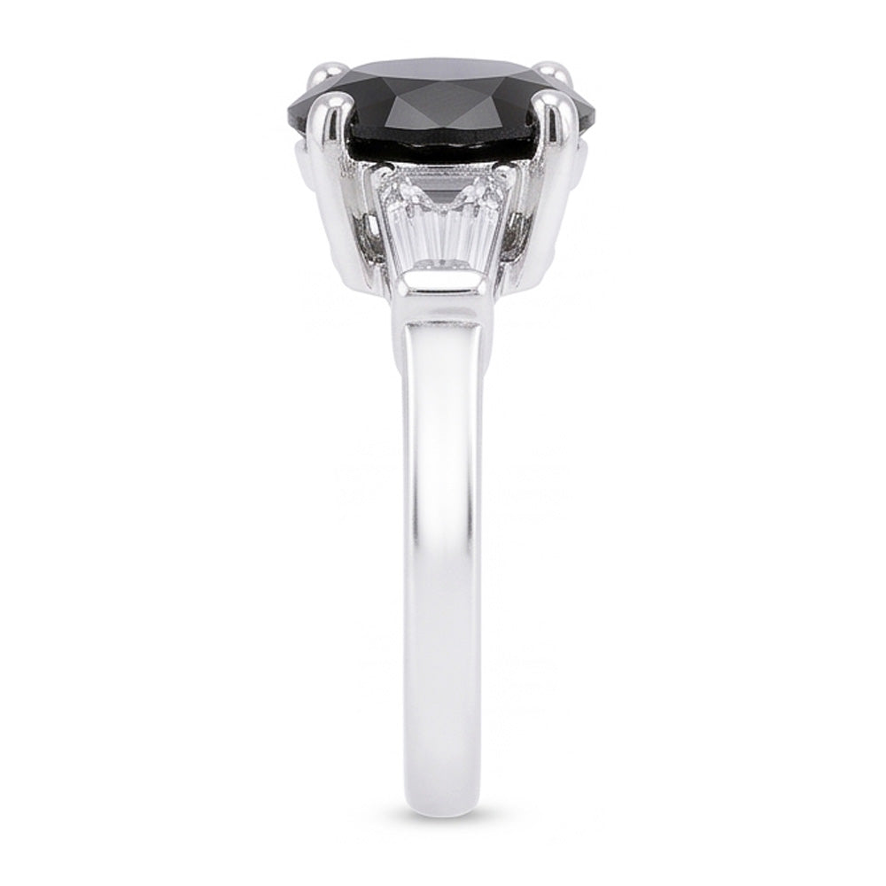 Dreistein-Ring mit natürlichem schwarzem Diamanten, 3,6 Karat, echter Rund- und Baguetteschliff, 14 Karat Weißgold